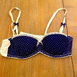 Mimi Holliday blue and white polka dot bra, size 34A